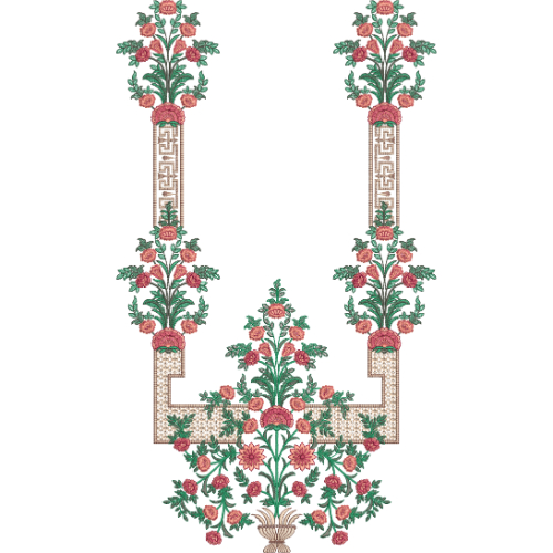 Structured Floral Neckline Embroidery Design with Geometric Panels and Symmetrical Rose Arrangement