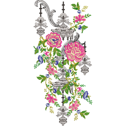 Artistic Floral Embroidery Design with Vintage Ornamental Base and Vibrant Blossom Detailing