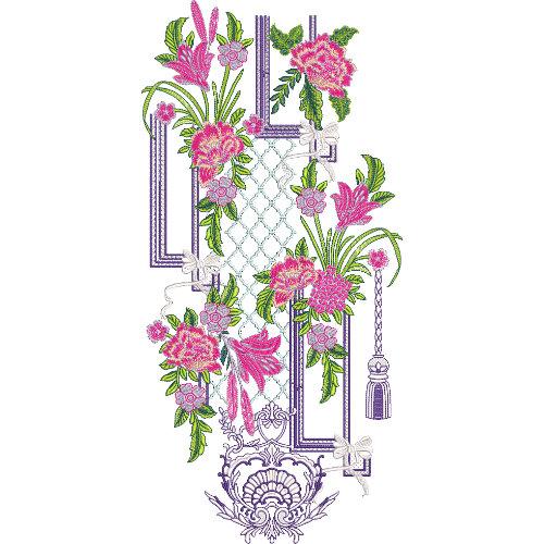 Decorative Floral Panel Neckline Embroidery Design with Geometric Frame and Tassel Accents - Image 2