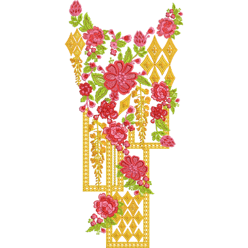 Floral Neckline Embroidery Design with Geometric Diamond Panels and Cascading Blossom Arrangement