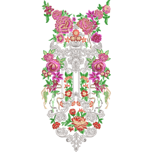 Royal Floral Neckline Embroidery Design with Ornamental Base and Layered Rose Arrangement