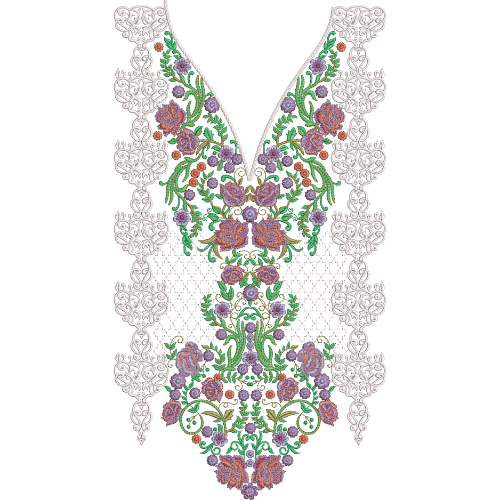 Elegant V-Neck Floral Embroidery Design with Ornamental Side Panels and Symmetrical Motif Arrangement