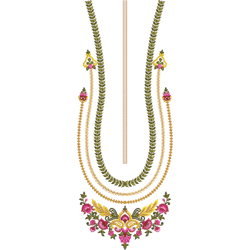 Minimalist U-Neck Embroidery Design with Leafy Borders and Decorative Floral Motif