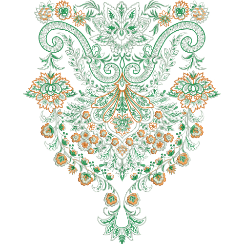 Intricate Floral Neckline Embroidery Design with Fine Line Detailing and Symmetrical Ornamental Layout