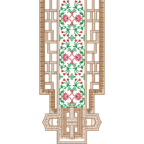 Symmetrical Floral Neck Embroidery Design with Structured Geometric Frame and Ornamental Hem Detail