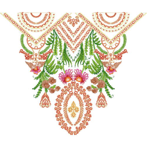 Ornamental Neck Embroidery Design with Layered Geometric Yoke and Floral Vine Composition