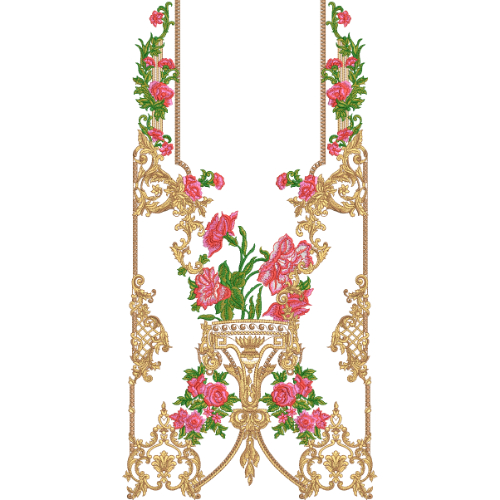 Luxury Baroque Neck Embroidery Design with Rose Floral Arrangement and Ornate Scroll Detailing