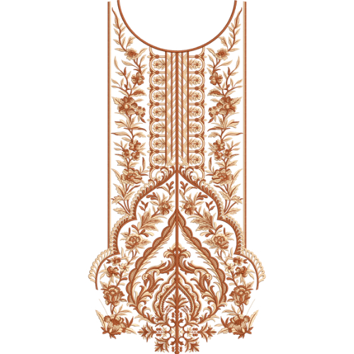 Elegant Monotone Floral Neck Embroidery Design with Symmetrical Vine and Ornamental Motifs