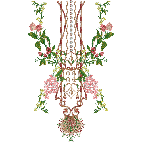 Delicate Floral Neck Embroidery Design with Beaded Vertical Detailing and Ornamental Pendant Motif