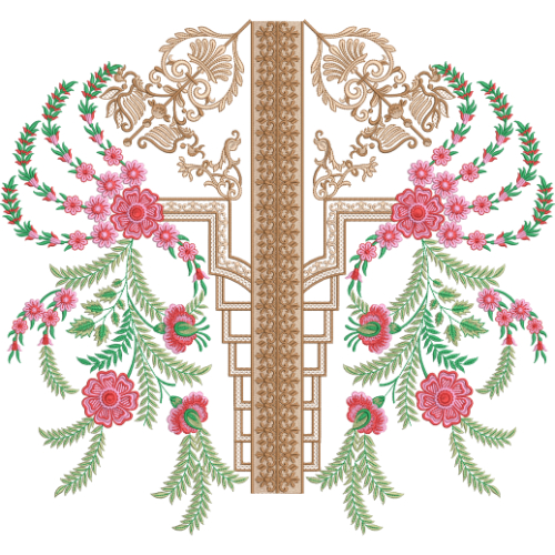 Floral Neck Embroidery Design with Layered Geometric Panel and Flowing Leafy Branch Motifs