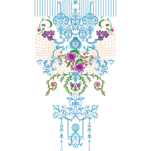 Decorative Neck Embroidery Design with Ornamental Blue Scrollwork, Floral Accents, and Net-Inspired Detailing