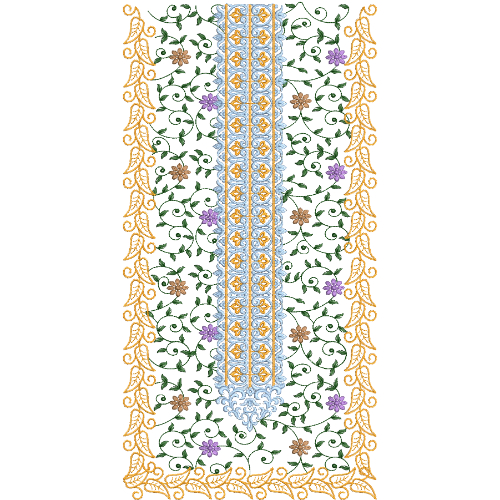 Classic Floral Neck Embroidery Design with Central Panel Detailing and Ornamental Vine Borders