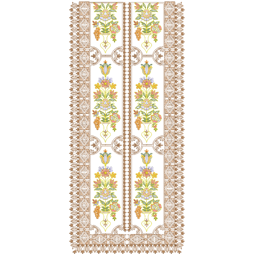 Symmetrical Floral Neck Embroidery Design with Double Panel Layout and Decorative Border Detailing