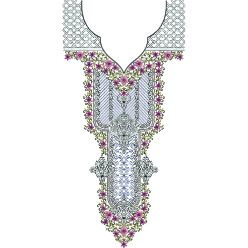 Elegant V-Shaped Neck Embroidery Design with Floral Border Accents and Intricate Central Panel