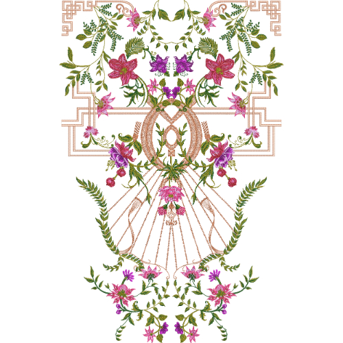 Ornamental Floral Neck Embroidery Design with Layered Geometric Frame and Radiating Motif Details