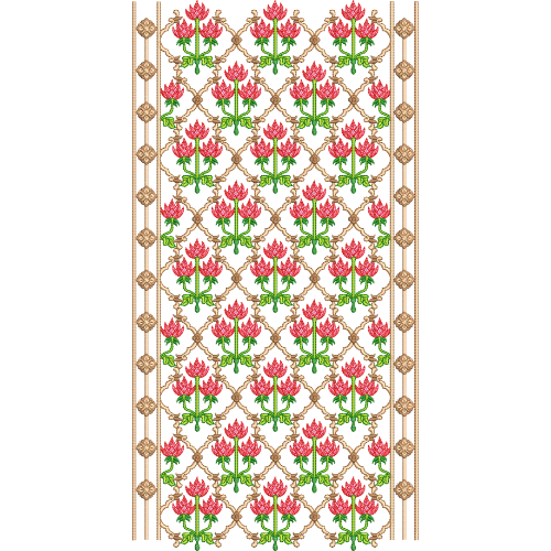 Repeating Floral Neck Embroidery Design with Diamond Lattice Arrangement and Decorative Side Borders