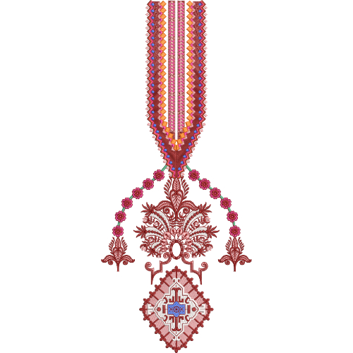 Geometric Neck Embroidery Design with Multi-Color Zigzag Panel and Ornamental Pendant Motif