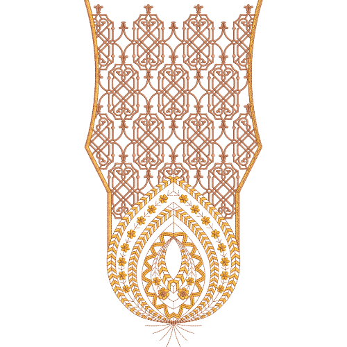 Geometric Neck Embroidery Design with Interlocking Lattice Pattern and Ornamental Arch Motif