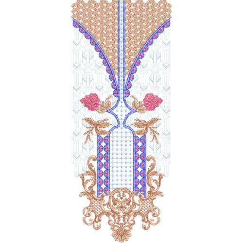 Stylized Neck Embroidery Design with V-Shaped Pattern, Decorative Panels, and Ornamental Scroll Base