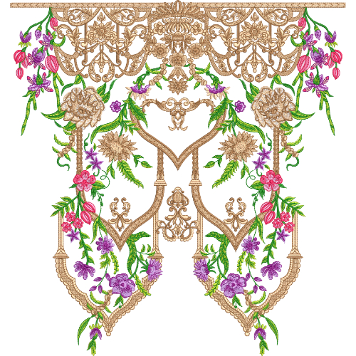 Heavy Ornamental Neck Embroidery Design with Baroque Scrollwork and Rich Floral Arrangement