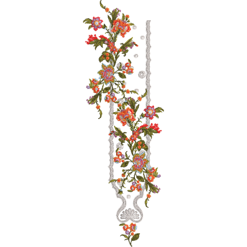 Asymmetrical Floral Neck Embroidery Design with Flowing Vine Arrangement and Delicate Lace-Style Edge