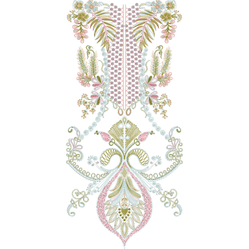 Pastel Floral Neck Embroidery Design with Beaded Center Panel and Ornamental Drop Motif