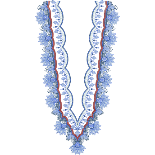 Scalloped V-Neck Embroidery Design with Blue Floral Borders and Intricate Lace Detailing