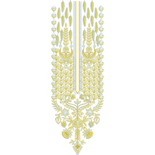 Elegant Neck Embroidery Design with Beaded Borders, Layered Fan Motifs, and Central Slit Panel