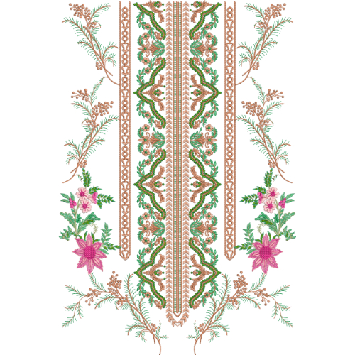 Symmetrical Floral Neck Embroidery Design with Decorative Central Panel and Side Vine Accents