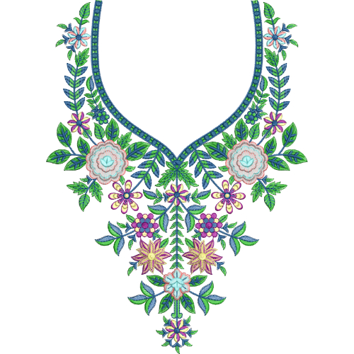 Colorful Floral Neck Embroidery Design with V-Shaped Layout and Symmetrical Leafy Arrangement