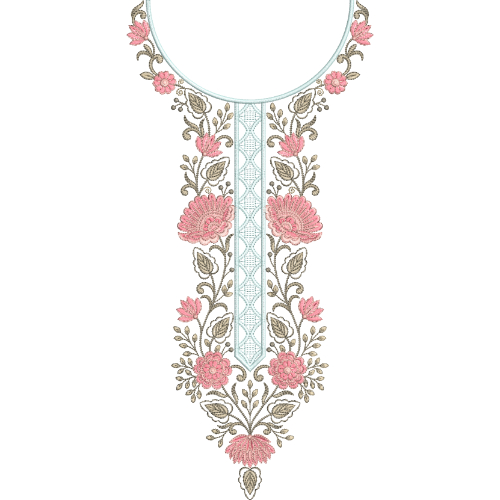Elegant Floral Neck Embroidery Design with Central Geometric Panel and Soft Blossom Arrangement