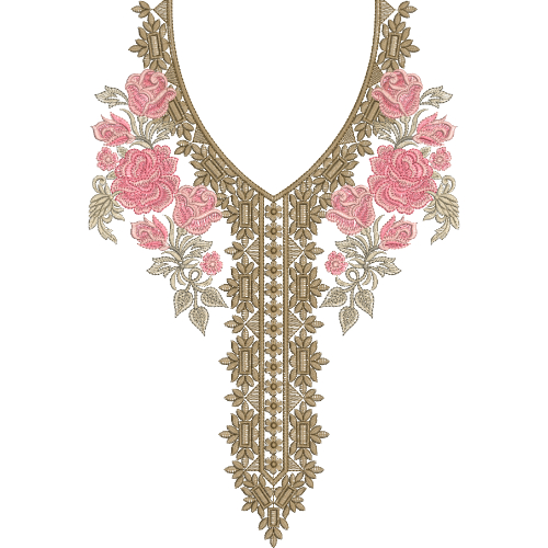 V-Neck Embroidery Design with Rose Floral Clusters and Intricate Central Panel Detailing