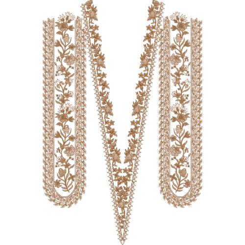 Elegant V-Neck Embroidery Design with Dense Floral Panels and Fine Border Detailing