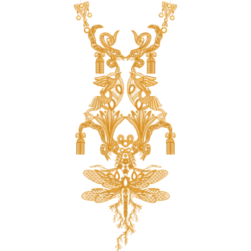 Ornamental Neck Embroidery Design with Stylized Bird Motifs and Decorative Tassel Elements