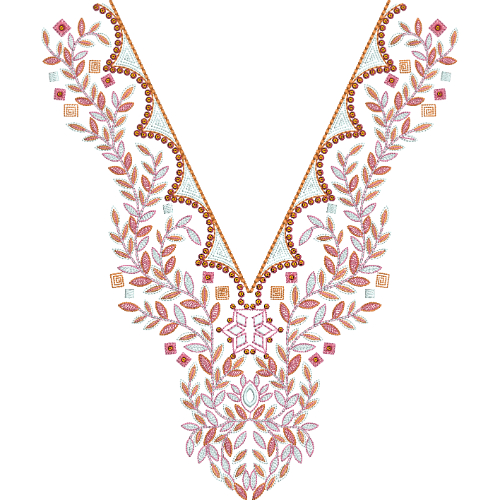V-Neck Embroidery Design with Delicate Leafy Vines and Beaded Scalloped Border
