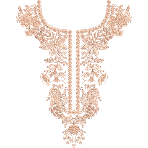 Classic Floral Neck Embroidery Design with Central Slit Panel and Dense Botanical Arrangement