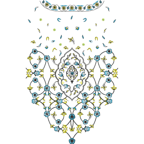 Ornamental Neck Embroidery Design with Symmetrical Floral Medallion and Scattered Motif Accents
