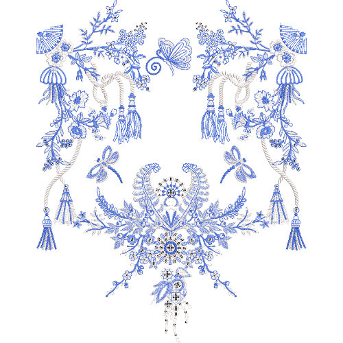 Artistic Neck Embroidery Design with Butterfly Motif, Floral Branches, and Tassel Detailing