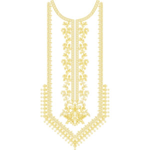 Elegant Monotone Neck Embroidery Design with Central Linear Panel and Delicate Floral Detailing