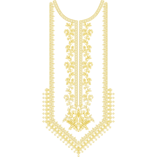 Elegant Monotone Neck Embroidery Design with Central Linear Panel and Delicate Floral Detailing