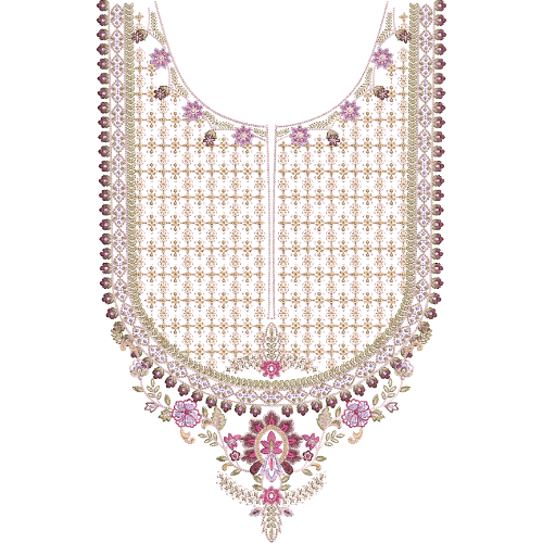 Ornate Neck Embroidery Design with Dense Geometric Fill, Floral Border, and Decorative Drop Motif
