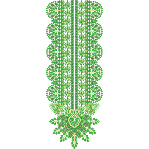 Intricate Green Neck Embroidery Design with Layered Geometric Panels and Ornamental Floral Base