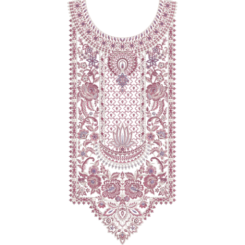 Vintage Floral Neck Embroidery Design with Dense Ornamental Detailing and Central Panel Layout