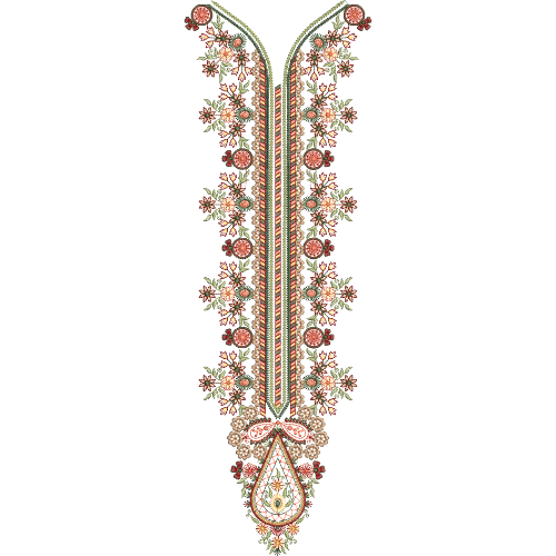 Floral Neck Embroidery Design with Vertical Striped Panel and Delicate Blossom Arrangement