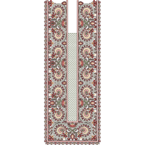 Paisley Neck Embroidery Design with Ornamental Side Panels and Central Slit Detailing