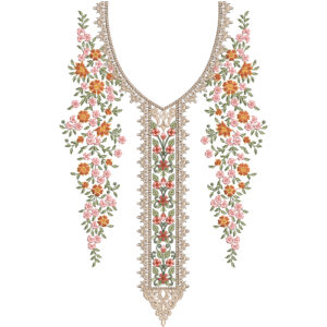 Floral V-Neck Embroidery Design with Central Panel Detailing and Cascading Blossom Vines