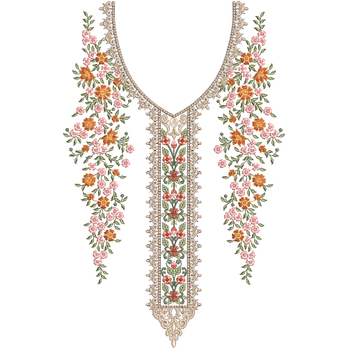 Floral V-Neck Embroidery Design with Central Panel Detailing and Cascading Blossom Vines