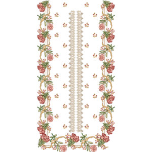 Floral Neck Embroidery Design with Side Vine Borders and Central Lace-Style Panel