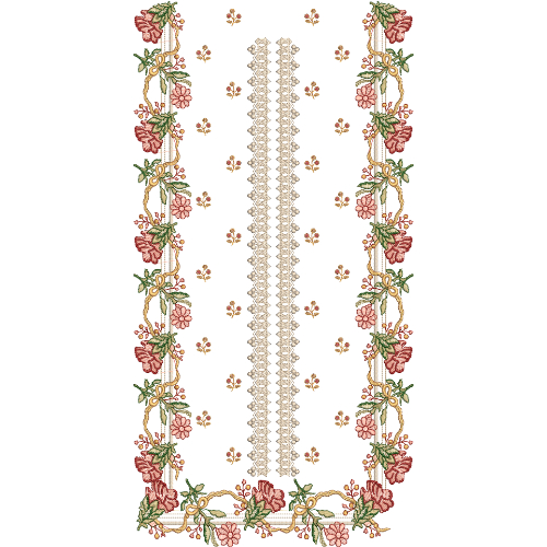 Floral Neck Embroidery Design with Side Vine Borders and Central Lace-Style Panel