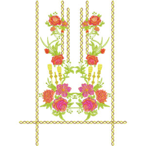Floral Neck Embroidery Design with Vertical Chain Lines and Vibrant Blossom Arrangement